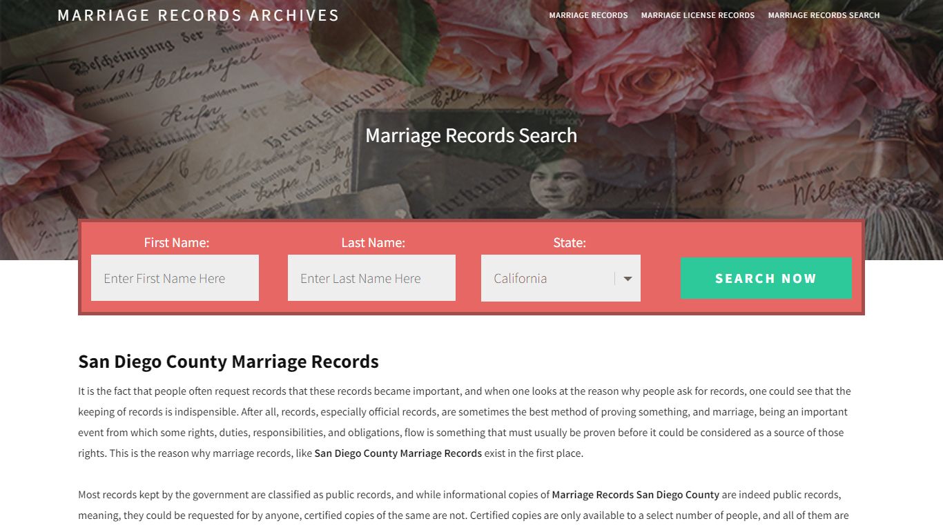 San Diego County Marriage Records | Enter Name and Search